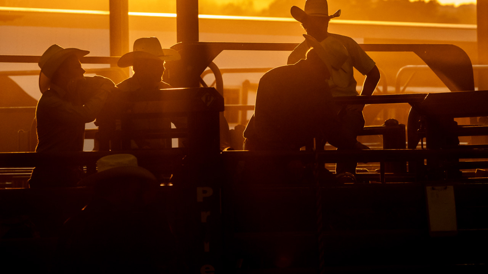 The sun sets behind a group of cowboys on the chutes at the rodeo in Dripping Springs, Texas, July 26th, 2019.