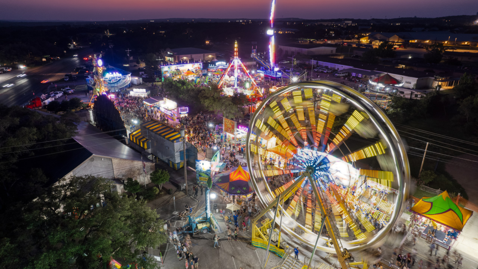 An aerial view of the carnival at the Founders' Day celebrations in Dripping Springs, Texas on April 26th, 2024.